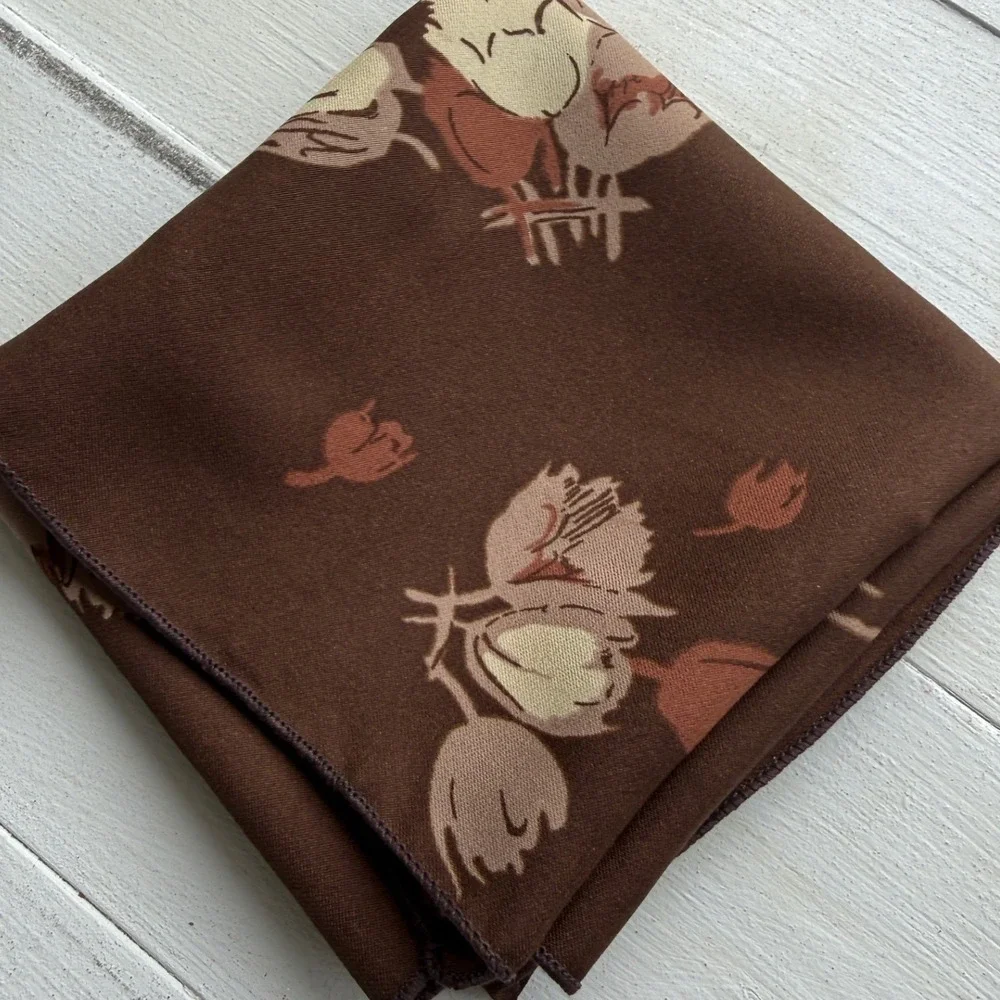 Vintage Floral Silk Scarf Brown Pink Tan Square Neck Scarf 20 Inch 0776